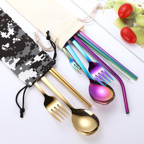 Korean Dinnerware Portable Dinner Set Chopsticks Spoon Fork Stainless Steel Kitchen Cutlery Adult School Party Tableware Set