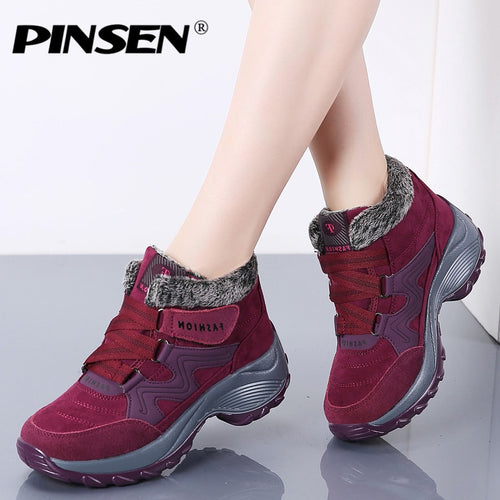 PINSEN New 2019 Women Snow Boots High Quality Winter Warm Push Ankle Boots Women Platform Female Wedge Waterproof Botas Mujer